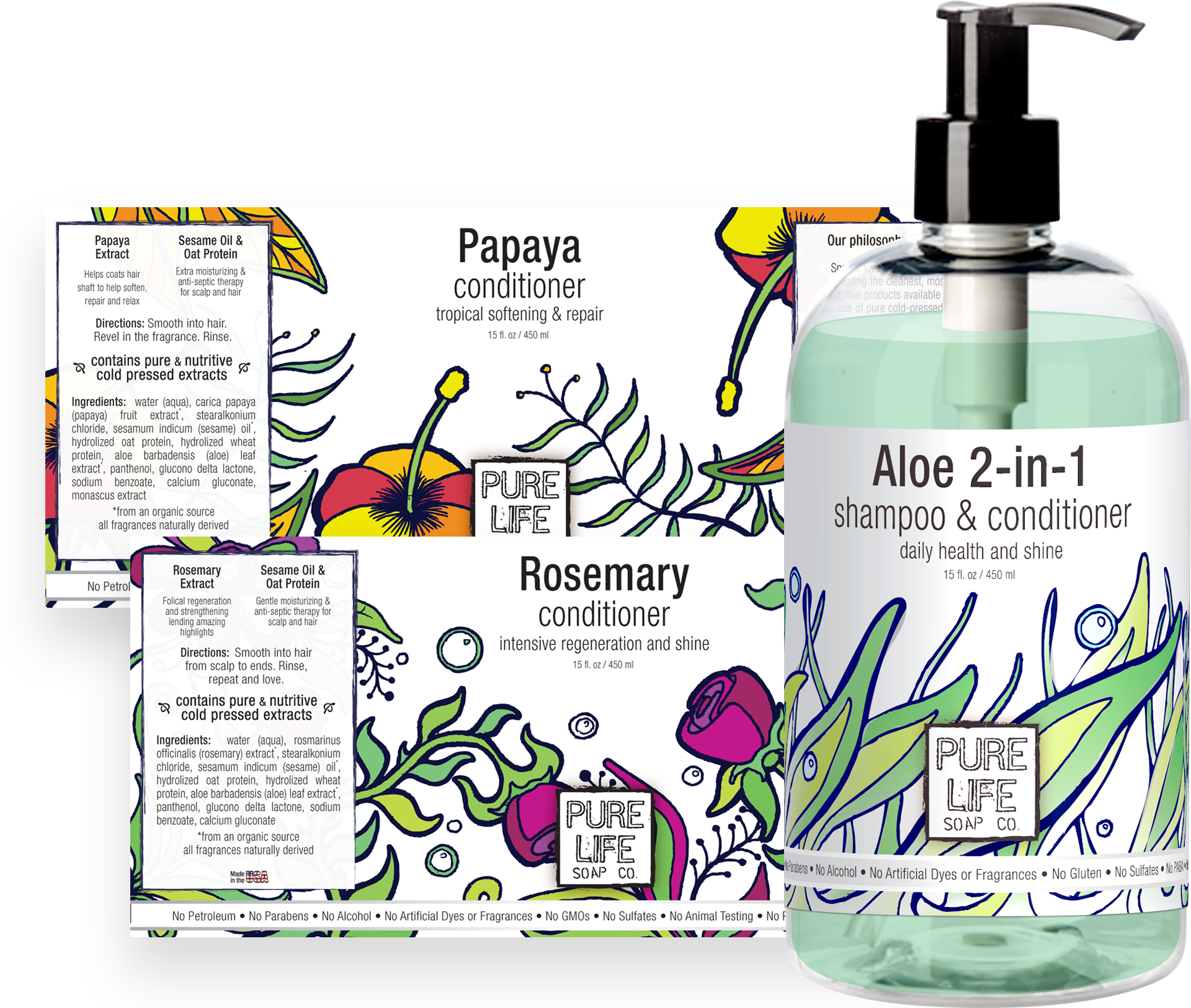 Pure Life papaya and rosemary conditioner labels and rendering of Aloe shampoo in new bottle